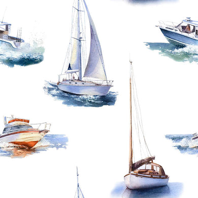 Blue cotton curtain fabric with boat design, perfect for nautical-themed decor
