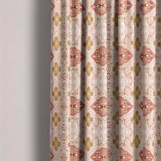 Linen curtain fabric in warm terracotta shade with boho pattern