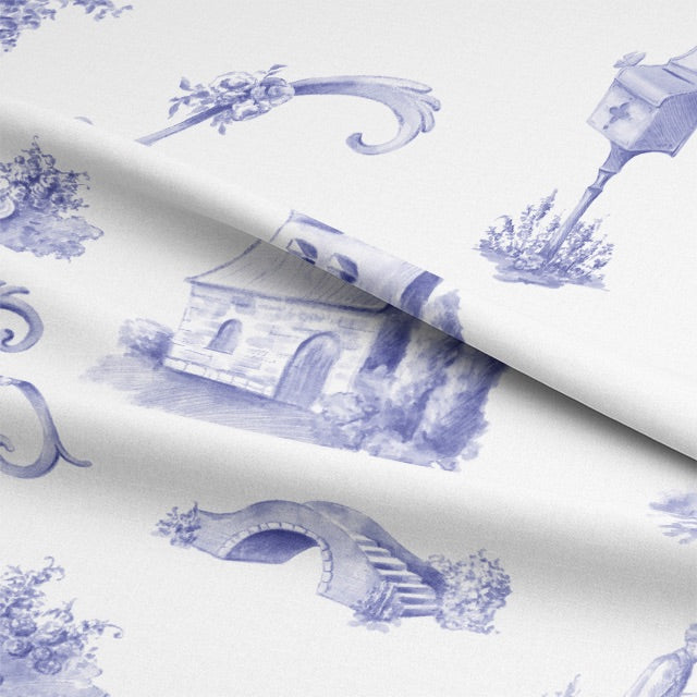 Blue Bordeaux Toile Cotton Curtain Fabric with Elegant Floral Print Pattern