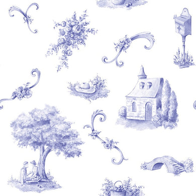 Bordeaux Toile Cotton Curtain Fabric - Blue with intricate floral patterns and vintage charm