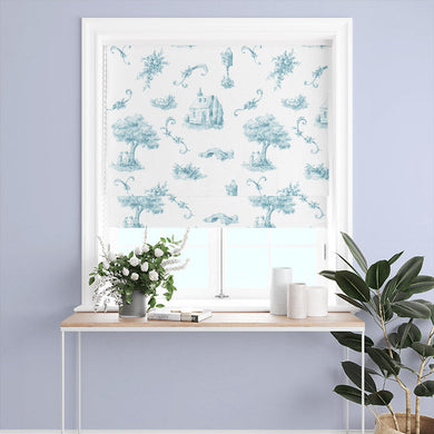  French Blue Bordeaux Toile Cotton Curtain Fabric featuring a classic French toile print in a beautiful shade of blue