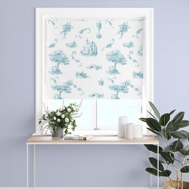 French Blue Bordeaux Toile Cotton Curtain Fabric featuring a classic French toile print in a beautiful shade of blue