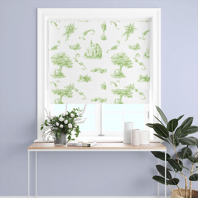  Green Bordeaux Toile Cotton Curtain Fabric featuring timeless print and high-quality cotton material, a versatile choice for enhancing the beauty of your windows