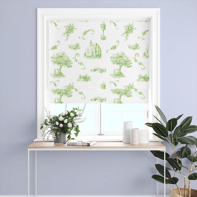 Green Bordeaux Toile Cotton Curtain Fabric featuring timeless print and high-quality cotton material, a versatile choice for enhancing the beauty of your windows