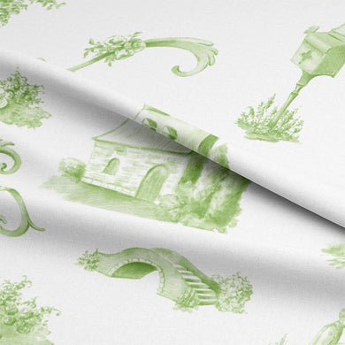  Luxurious Bordeaux Toile Cotton Curtain Fabric - Green with intricate pattern and soft texture, ideal for creating a sophisticated and charming ambiance