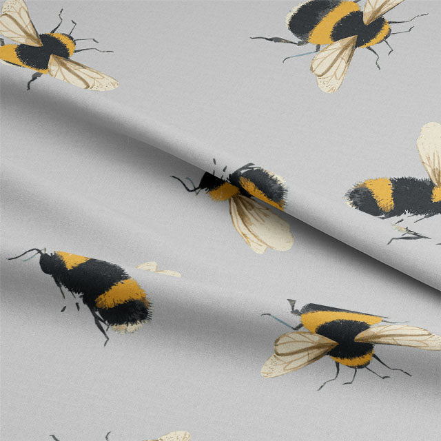 High-quality grey cotton fabric for curtains with bumble bee design