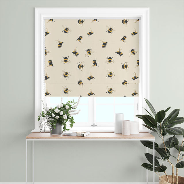  Bumble Bee Cotton Curtain Fabric - Linen being used as curtains in a stylish living room 