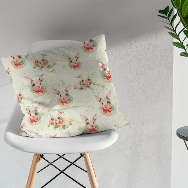 Bunnies Cotton Fabric - Beige displayed in a cozy, rustic setting