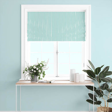 Aqua cotton curtain fabric with a candy stripe pattern