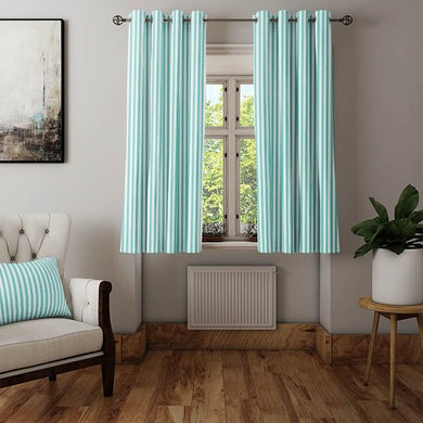 Aqua cotton fabric suitable for making curtains with candy stripe pattern
