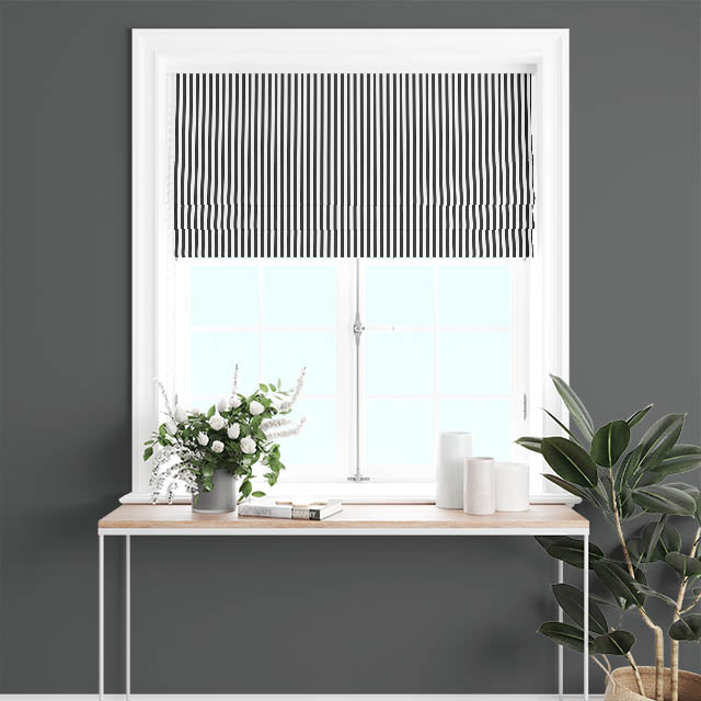Black Candy Stripe Cotton Curtain Fabric draping elegantly on a window