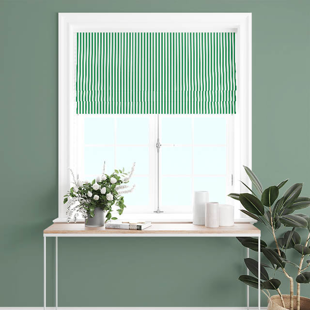 Bottle Green Candy Stripe Cotton Curtain Fabric draping elegantly, creating a vibrant and stylish window treatment