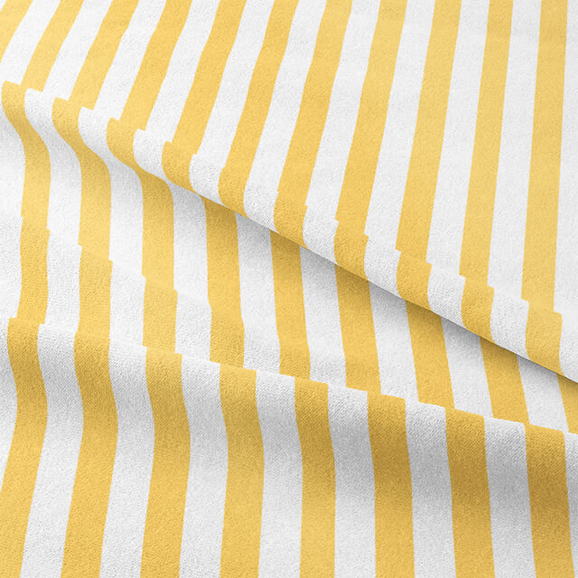 Close up of Candy Stripe Cotton Curtain Fabric - Ochre, showing the intricate weave and texture of the fabric The ochre and white stripes add depth and dimension to the fabric, creating a visually interesting and tactile piece This high-quality fabric is ideal for adding a pop of color and personality to any room Perfect for creating a cozy and inviting atmosphere