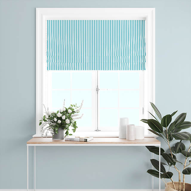 Curtain fabric in vibrant turquoise color with candy stripe pattern