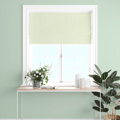 Willow green Candy Stripe Cotton Curtain Fabric draping elegantly in a room