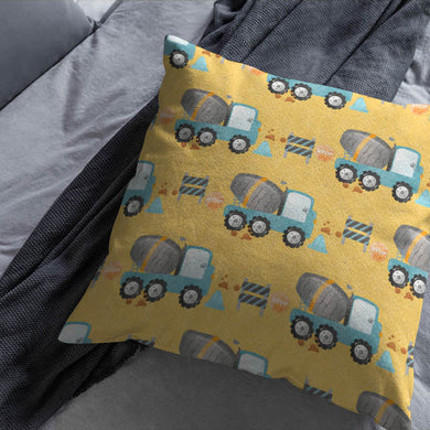 Yellow curtain fabric featuring realistic cement lorry print