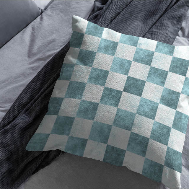 Aqua Checkers Cotton Curtain Fabric draped elegantly, adding a touch of sophistication to any room