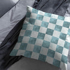 Aqua Checkers Cotton Curtain Fabric draped elegantly, adding a touch of sophistication to any room