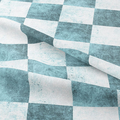 Close-up view of Aqua Checkers Cotton Curtain Fabric with intricate woven pattern