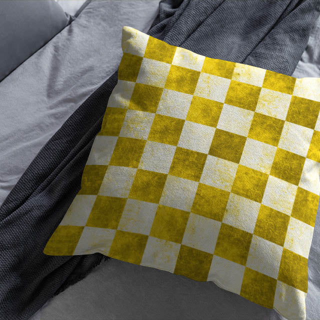 Ochre Checkers Cotton Curtain Fabric featuring a classic checkered pattern in warm yellow and brown tones, perfect for adding a touch of coziness to any room