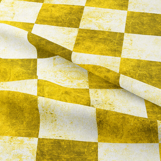 Elegant Ochre Checkers Cotton Curtain Fabric draping gracefully on a curtain rod in a well-lit room