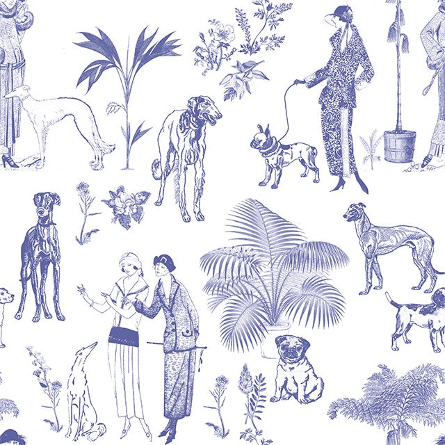 Chien Toile Cotton Curtain Fabric in Blue, a beautiful and durable fabric for curtains and home decor