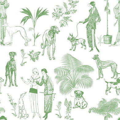 Chien Toile Cotton Curtain Fabric in Green, perfect for elegant drapery