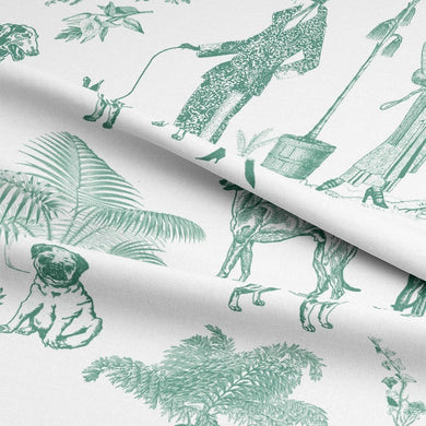 A close-up of Chien Toile Cotton Curtain Fabric in teal color