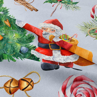 Red Christmas Santa cotton curtain fabric with festive holiday pattern