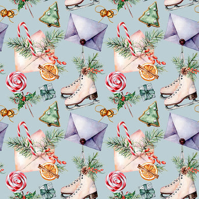 Beautiful green cotton fabric with Christmas skates pattern for holiday curtains