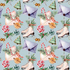 Beautiful green cotton fabric with Christmas skates pattern for holiday curtains