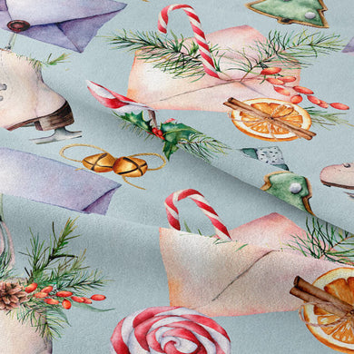  High-quality curtain fabric in green with adorable Christmas skates design