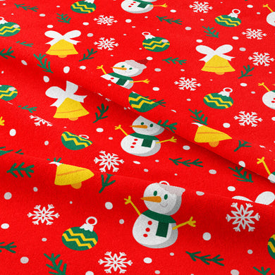  Close-up of Christmas Snowman Cotton Curtain Fabric - Red with intricate snowman and snowflake design 