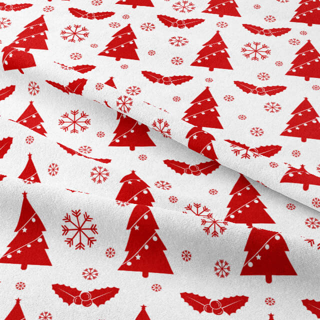 Bright red fabric with Christmas tree pattern, ideal for holiday curtains