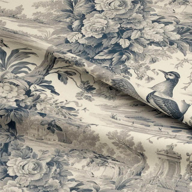 Close-up of Colmar Toile Linen Curtain Fabric in Charcoal