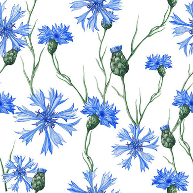 Cornflower blue cotton curtain fabric with delicate floral pattern and texture
