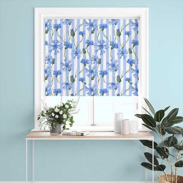 Blue cornflower stripe cotton curtain fabric with a soft, textured feel