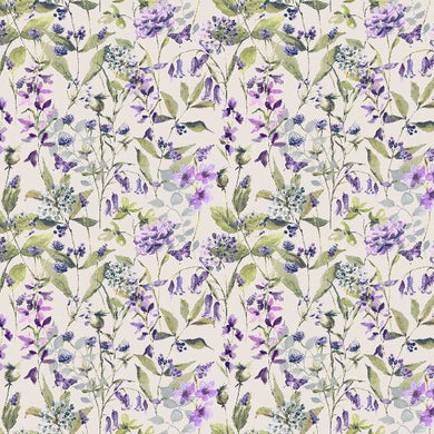 Country Garden Cotton Curtain Fabric - Lilac hanging in a sunny living room with floral pattern and soft texture