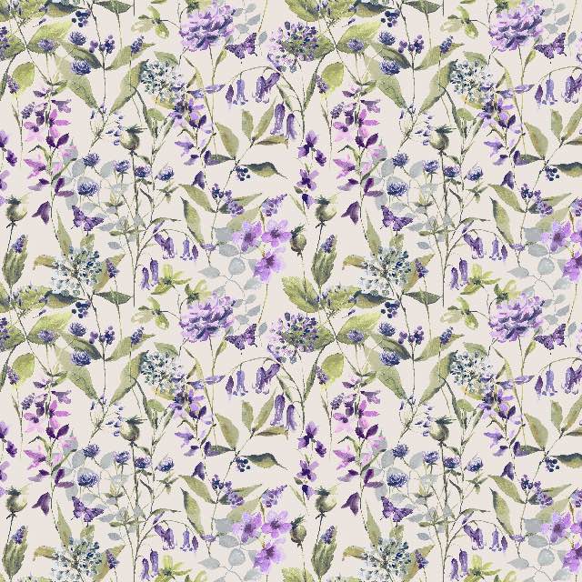 Country Garden Cotton Curtain Fabric - Lilac hanging in a sunny living room with floral pattern and soft texture