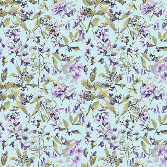 Full pattern repeat of Country Garden Sky Blue fabric featuring floral sprigs and foliage on a pale blue background.