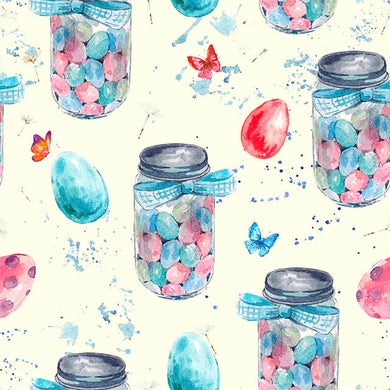Egg Jar Cotton Fabric - Blue displayed on a wooden table with rustic background