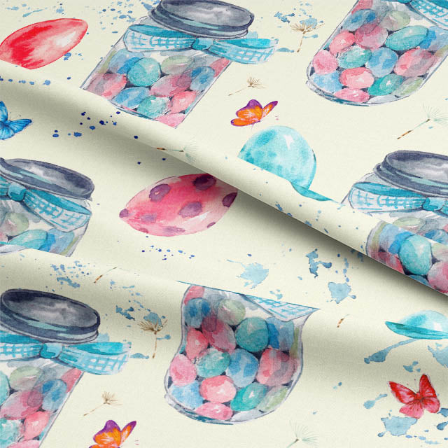Close-up of Egg Jar Cotton Fabric - Blue showing intricate stitching and vibrant color