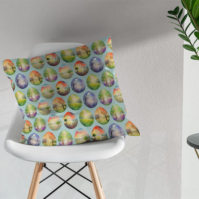 Egg Trees Cotton Fabric - Duck Egg fabric hanging as curtains