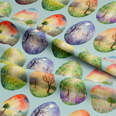 Close-up of Egg Trees Cotton Fabric - Duck Egg pattern