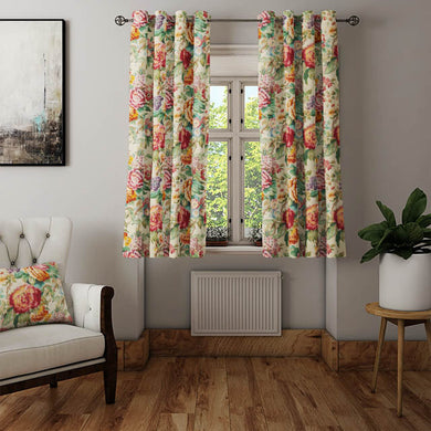  Soft and breezy linen curtain fabric with a summer bloom print