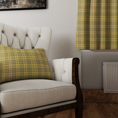 Ochre-colored linen fabric with a timeless plaid design for curtains