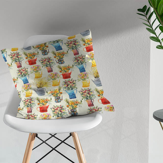 Ivory fabric adorned with playful teapot and flower illustrations