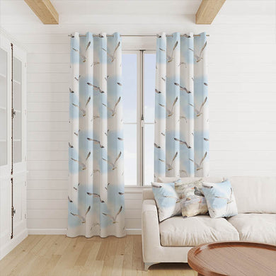 Soft and durable Flying Gulls Cotton Curtain Fabric in a stunning shade of blue