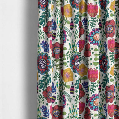 Folk Flowers linen curtain fabric in multicolour with bold floral design