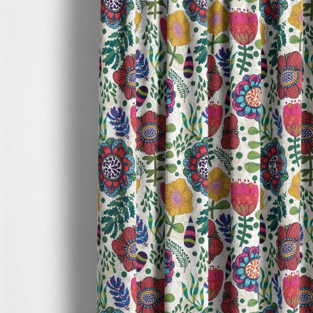 Folk Flowers linen curtain fabric in multicolour with bold floral design